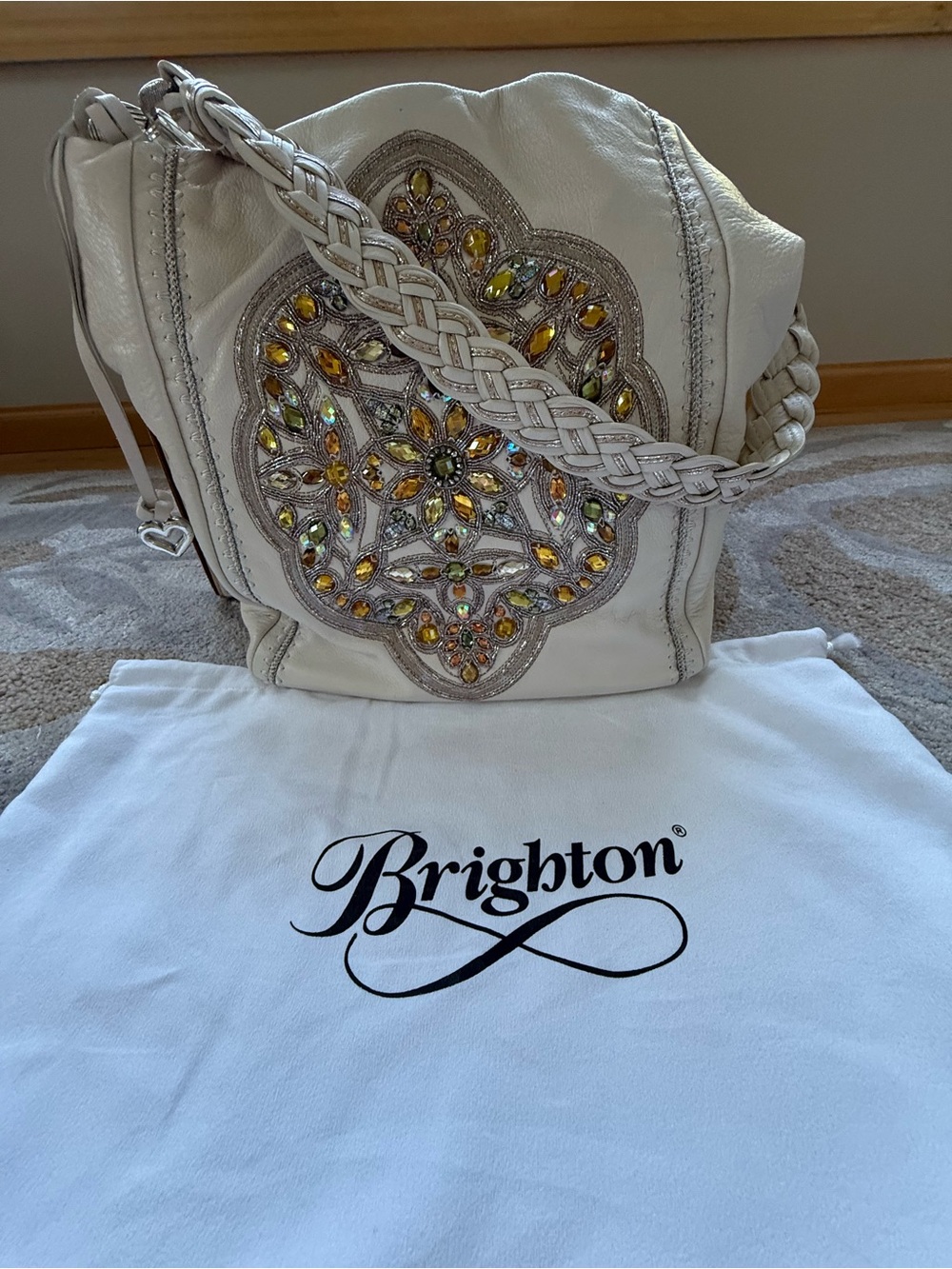 Brighton White Anju Masterpiece Embellished Shoulder Bag with Braided Strap Box